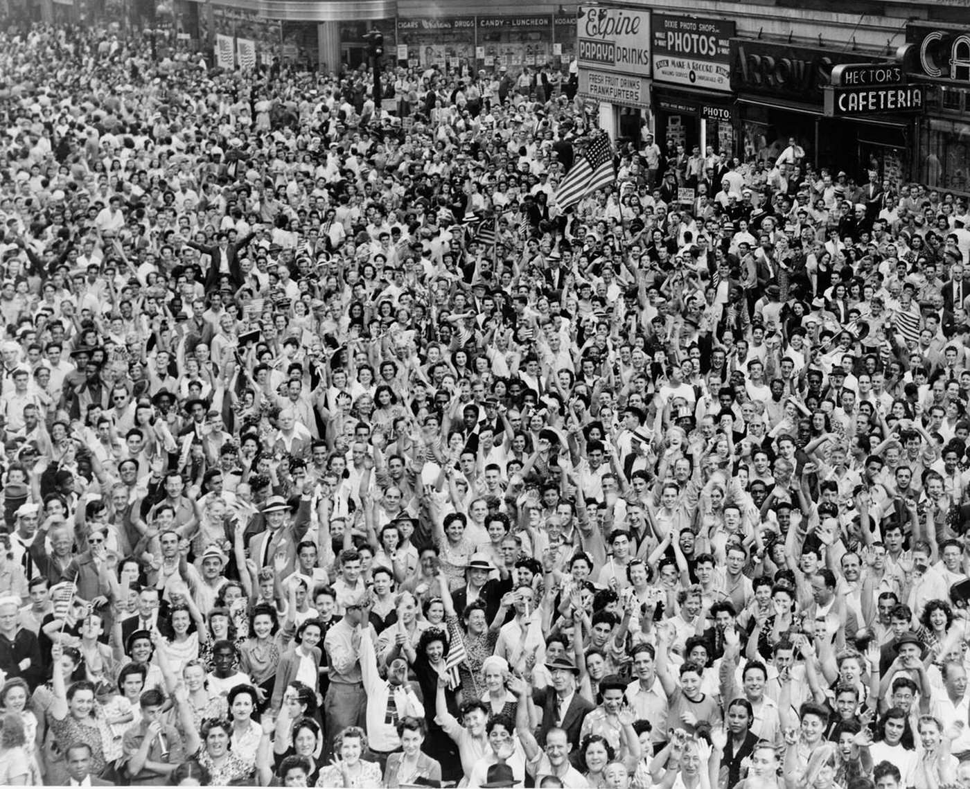 V-J Day in Times Square, New York City, symbolizing the victory over Japan during World War II, 1945.