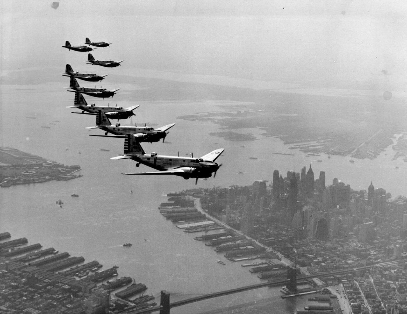 Army Air Force bombers fly over lower New York City, 1939.