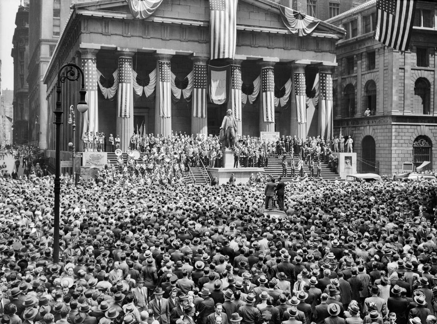 World War II war bond rally, New York Stock Exchange, Wall Street, NYC, 1942.