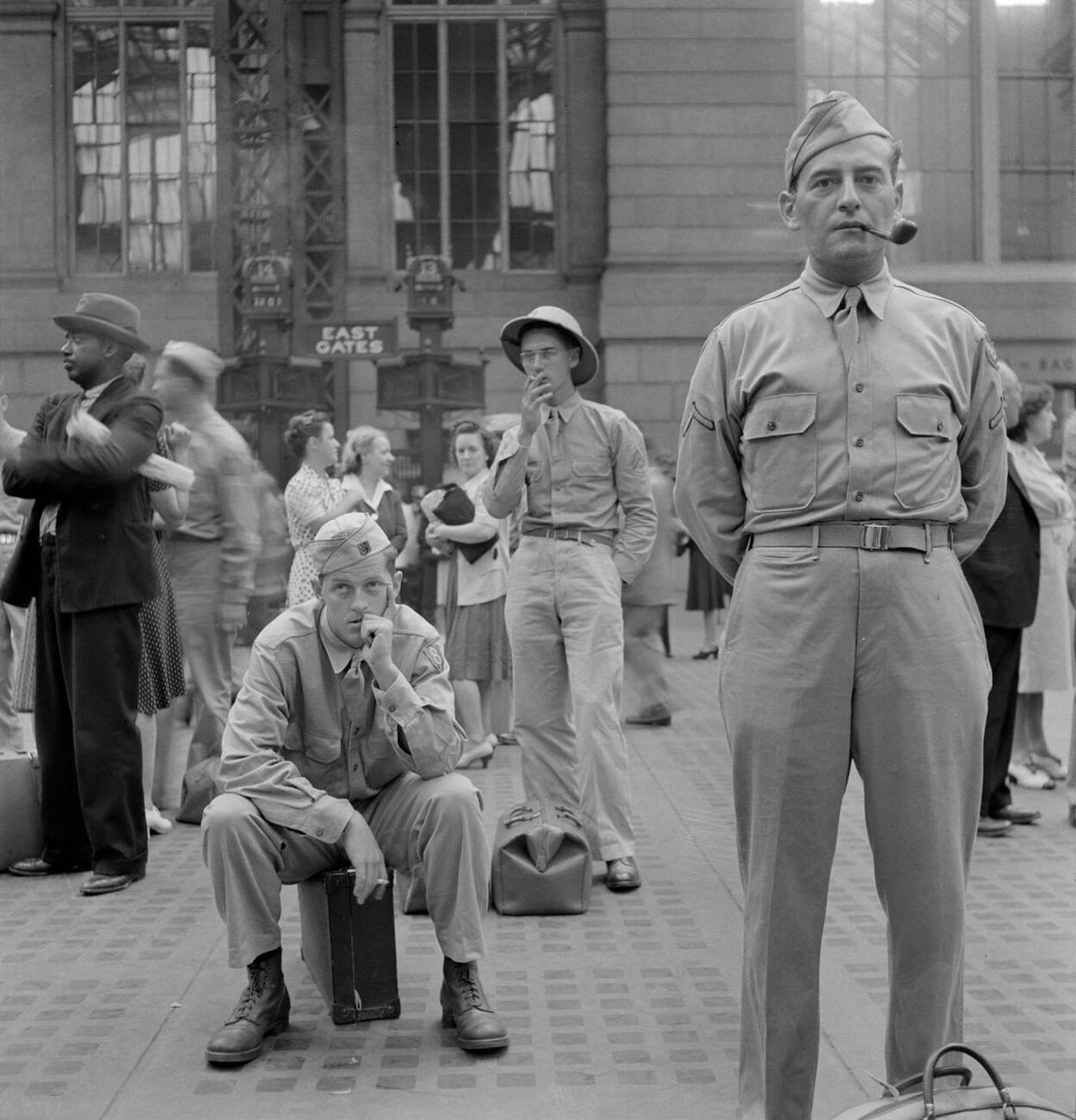 Soldiers waiting for trains, Pennsylvania Station, New York City, 1942.