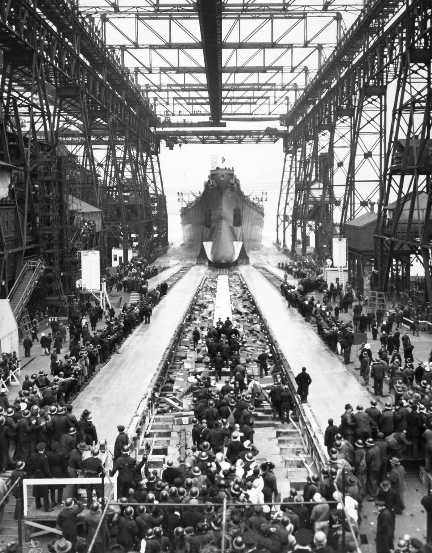 USS Missouri, a 45,000-ton battleship being launched at the New York Navy Yard in Brooklyn during World War II, 1944.