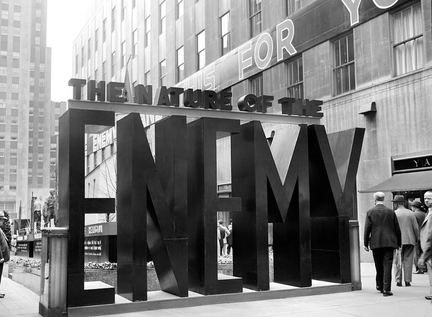 Entrance to the 'Nature of the Enemy' exhibition, Rockefeller Plaza, New York City, 1943.
