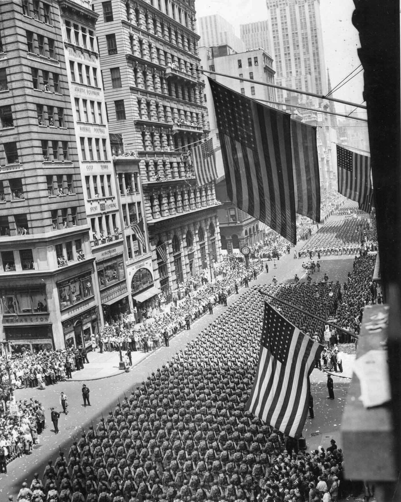 Men of the Second Division, US Army, march down Fifth Avenue during the "New York at War" parade.