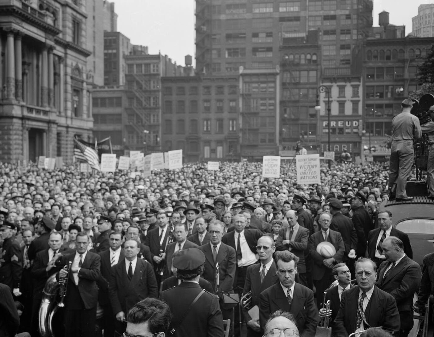 Crowd in Madison Square on D-Day, New York City, 1944.