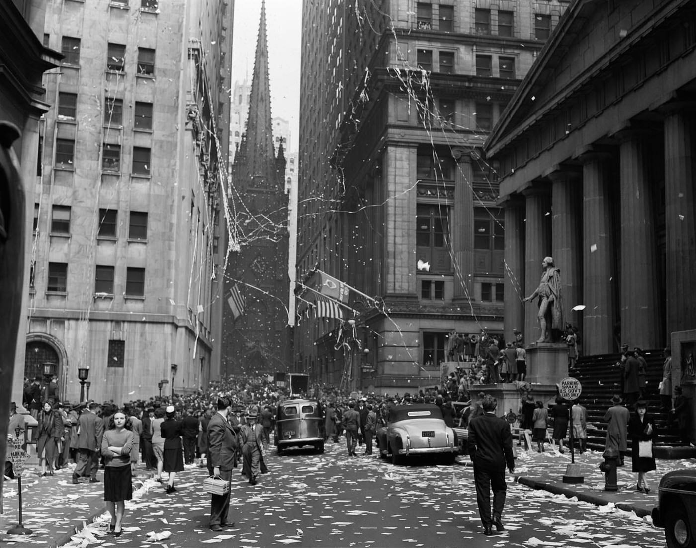 New York City Wall Street ticker tape parade celebrating V-E Day, 1945.