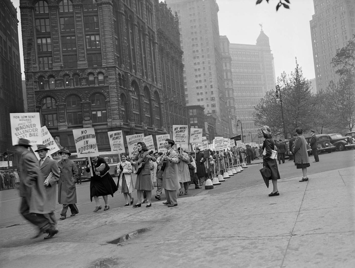A protest outside City Hall in New York in 1946 by World War II veterans protesting about housing.