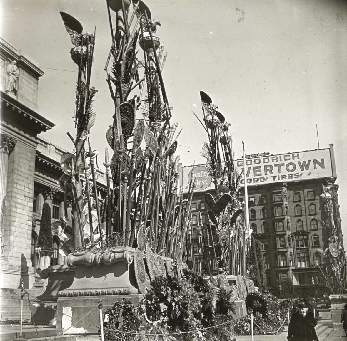 Spears and shields stood in front of the New York Public Library at the Court of the Heroic Dead.