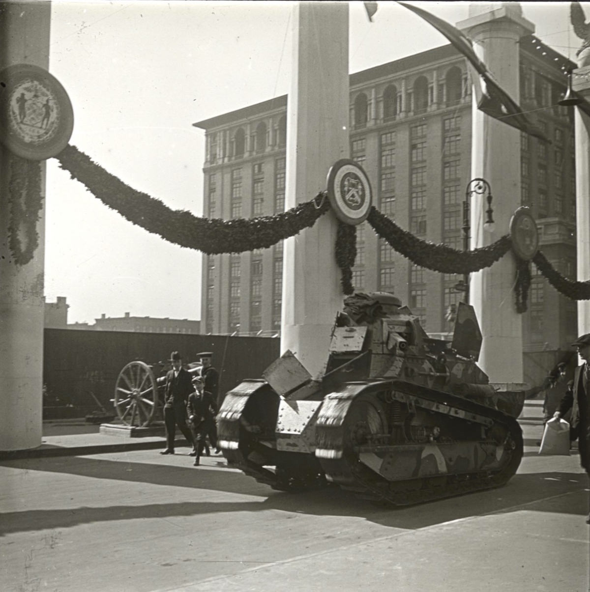 A tank on display, first used in World War I to destroy machine gun positions.