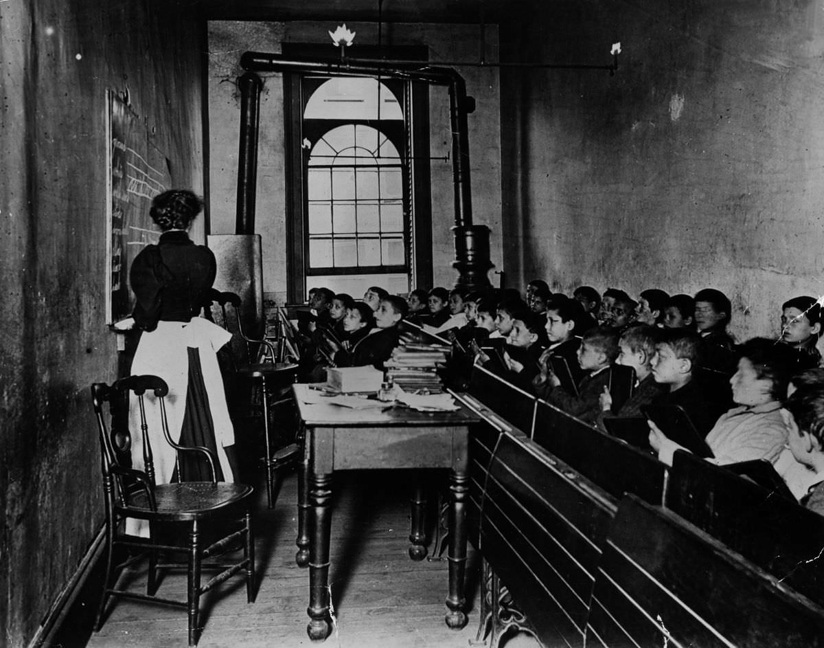 Pupils in the Essex Market school in a poor quarter of New York, 1887.