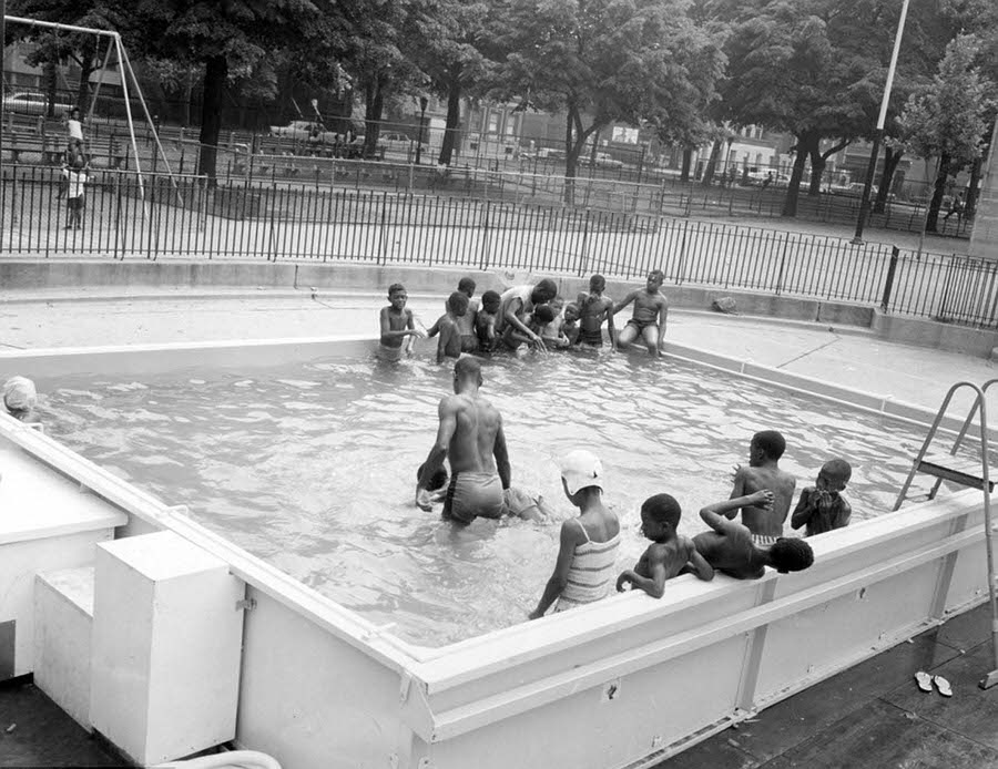 A temporary pool inside the formerly named Tompkins Park in Brooklyn, 1966.