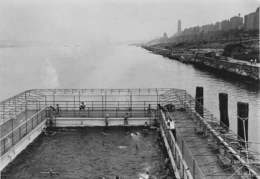 A floating bath at 96th Street on the Upper West Side; the water inside was from the Hudson River, 1938.