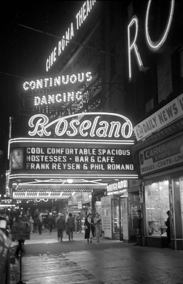 The Roseland Ballroom and Cine Roma Theater, 1938.