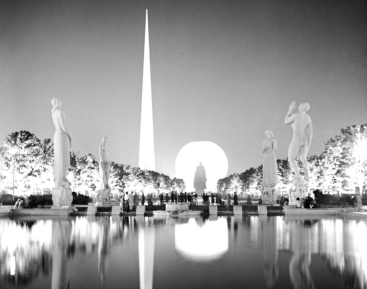 A view taken from the side of one of the many lagoons at the New York World's Fair, 1939.