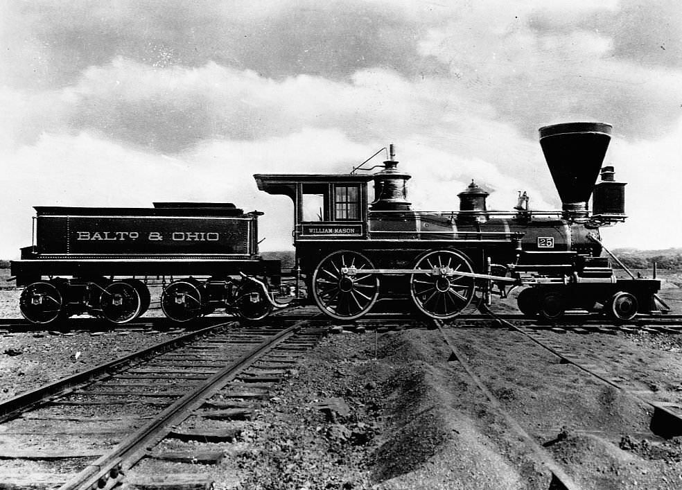 Side view of the Williiam Mason, a B & O locomotive and coal tender built in 1856 at the New York World's Fair, 1939.