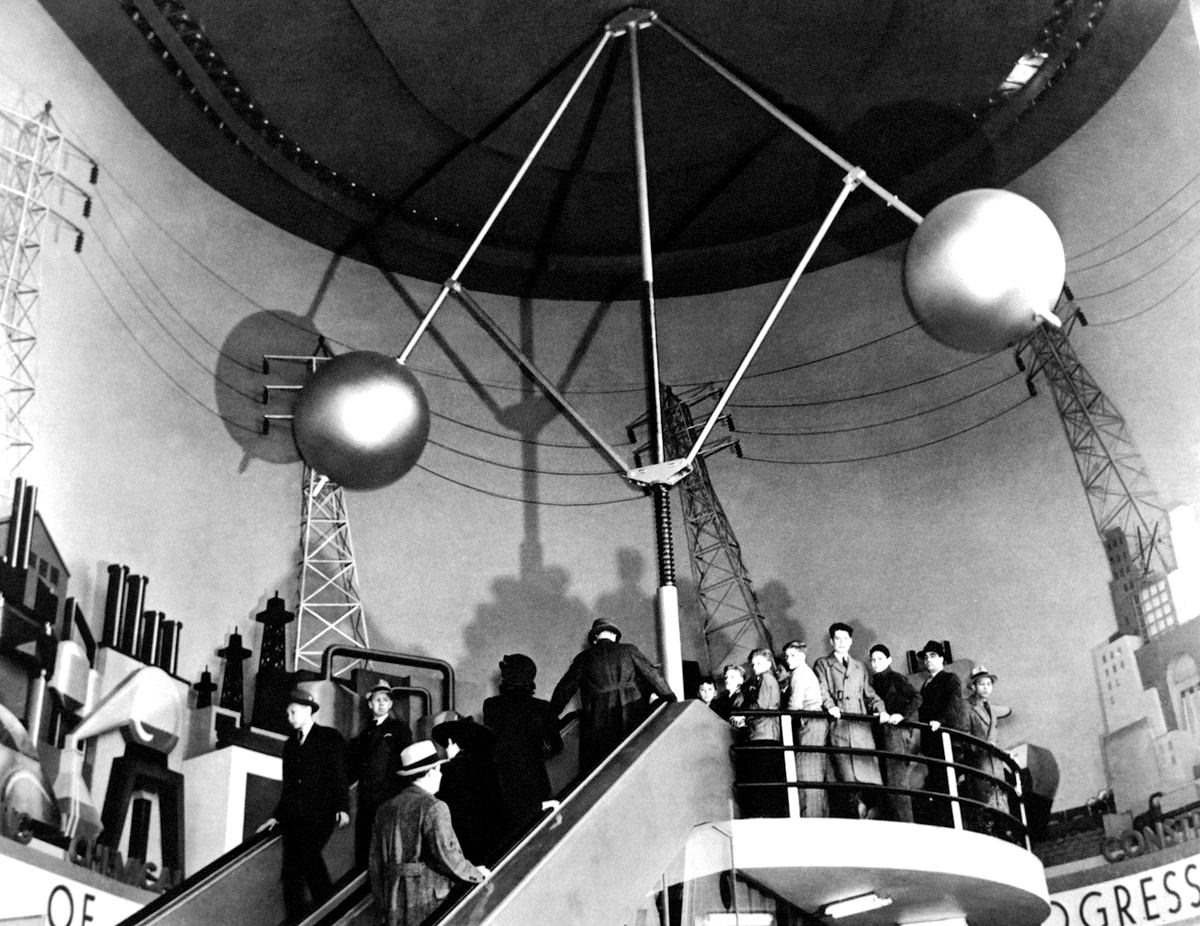 Visitors ascend the "electric stairway" in the Hall of Power at the Westinghouse Building at the World's Fair, 1939.