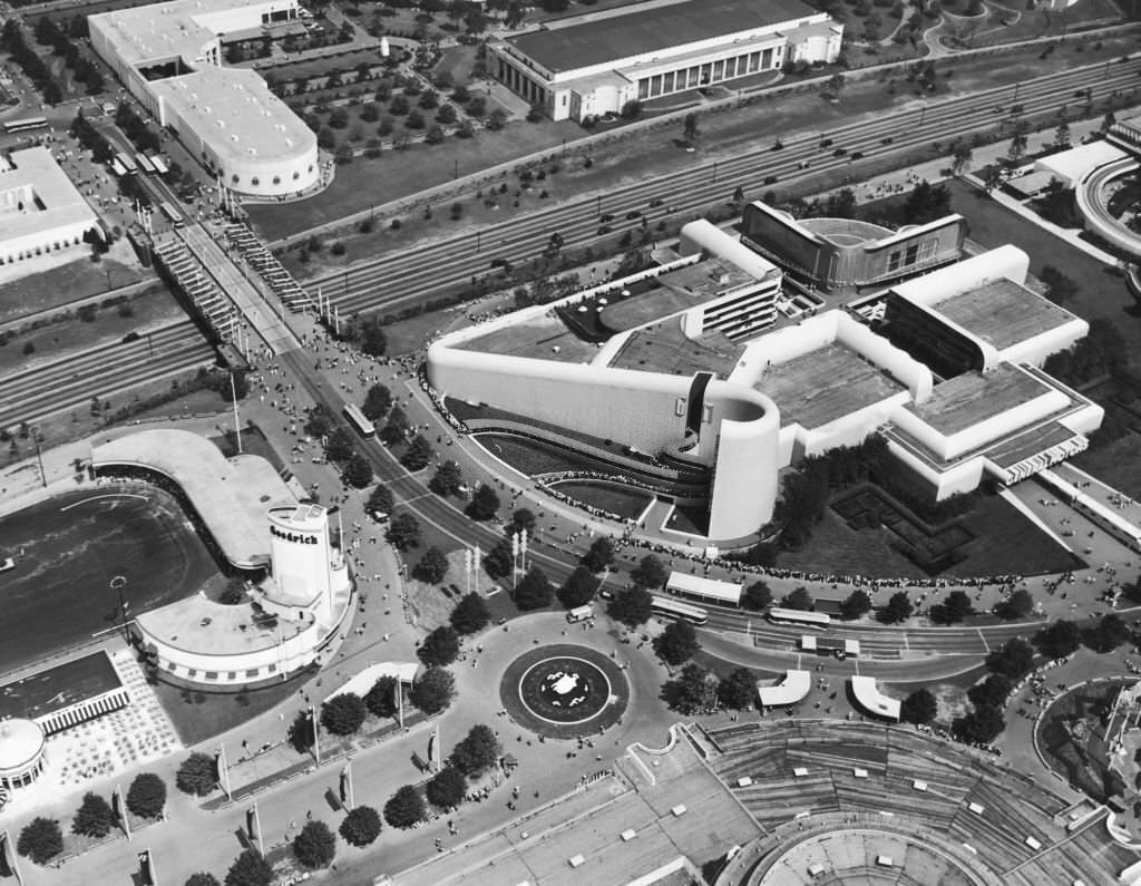 An aerial view of the Goodrich and General Motors pavillions at the 1939 New York World's Fair, 1939.