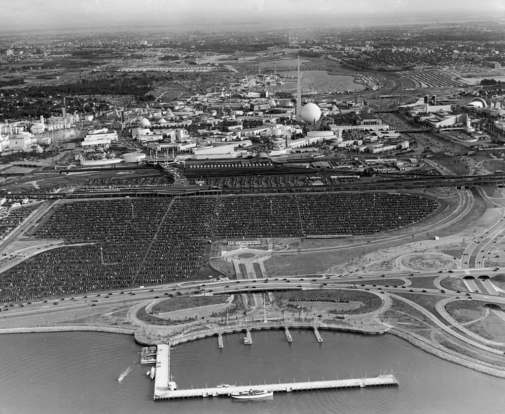 Aerial view of the grounds, and parking lot, of the World's Fair, 1939.