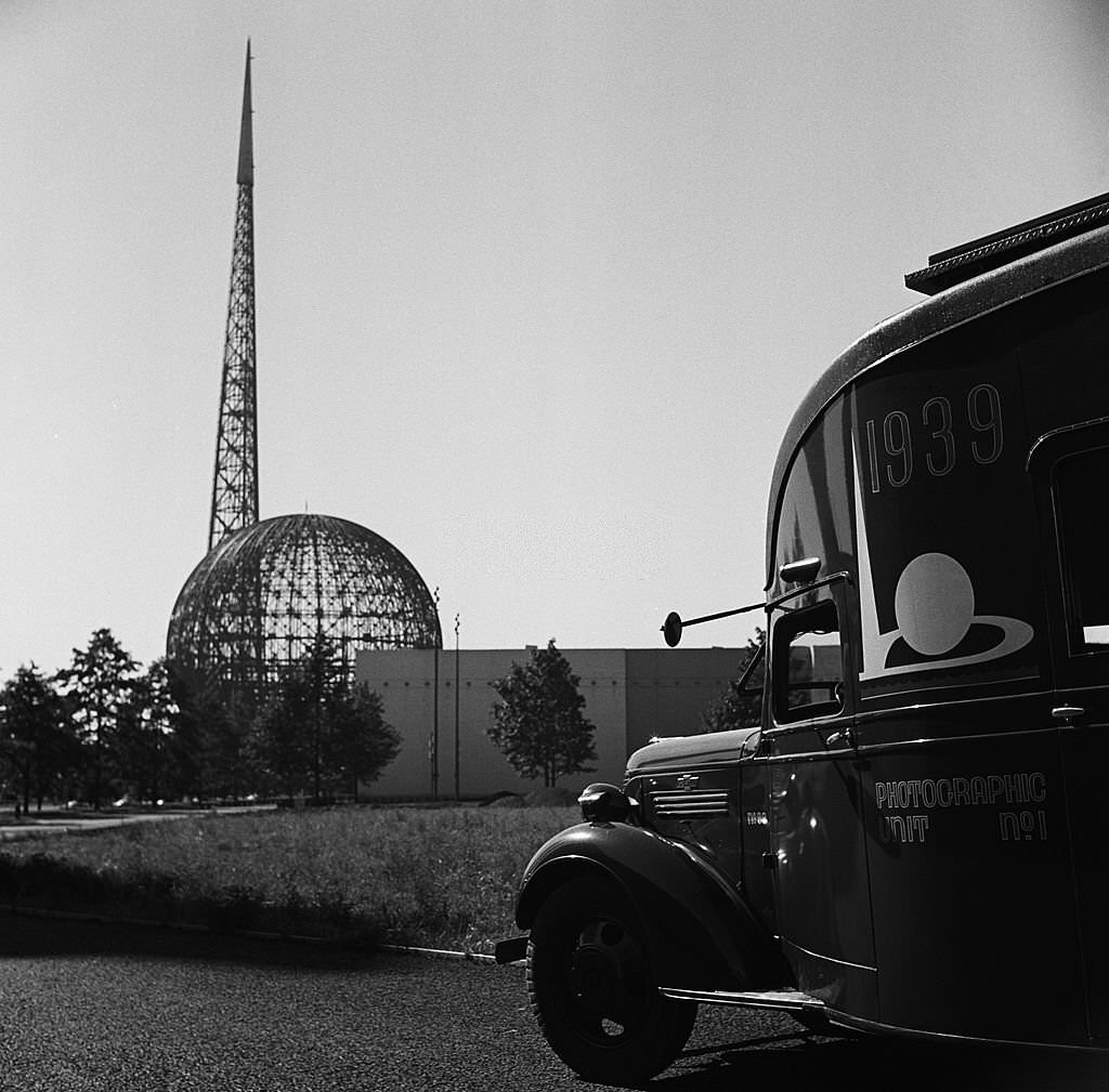 The Trylon and Perisphere under construction at the site of the 1939 New York World's Fair in Flushing Meadows, Queens, 1938.