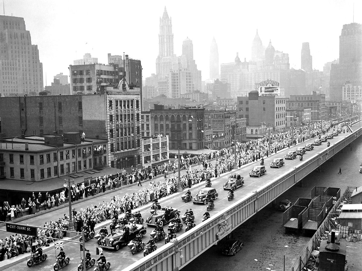 King George VI and Queen Elizabeth proceed up the Westside highway en route to the New York World's Fair, 1939.