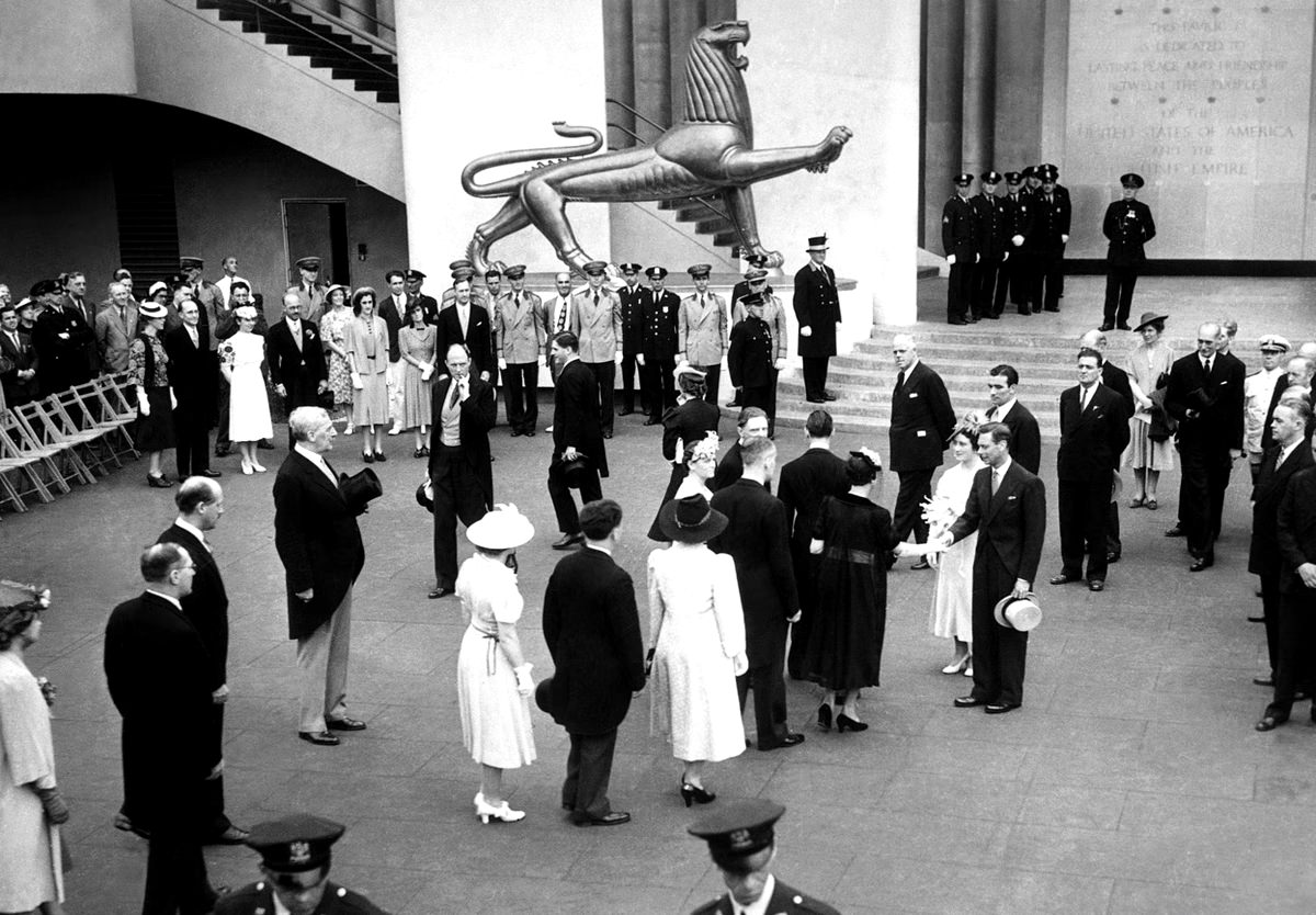 Presentations are made to Britain's King George VI and Queen Elizabeth in the British Pavilion at the fair, 1939.