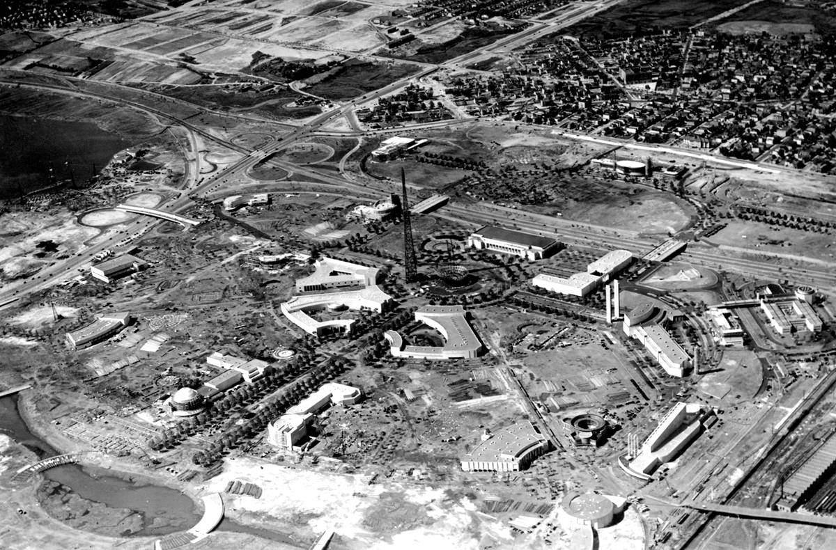 An aerial view of the 1939 New York World's Fair site during construction in Flushing Meadows, Queens, 1938.