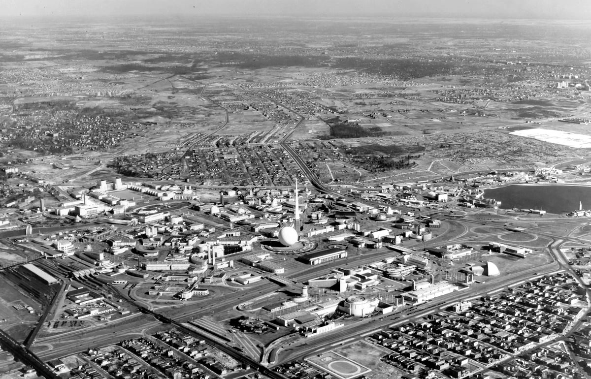 An aerial view of the World's Fair grounds, 1940.