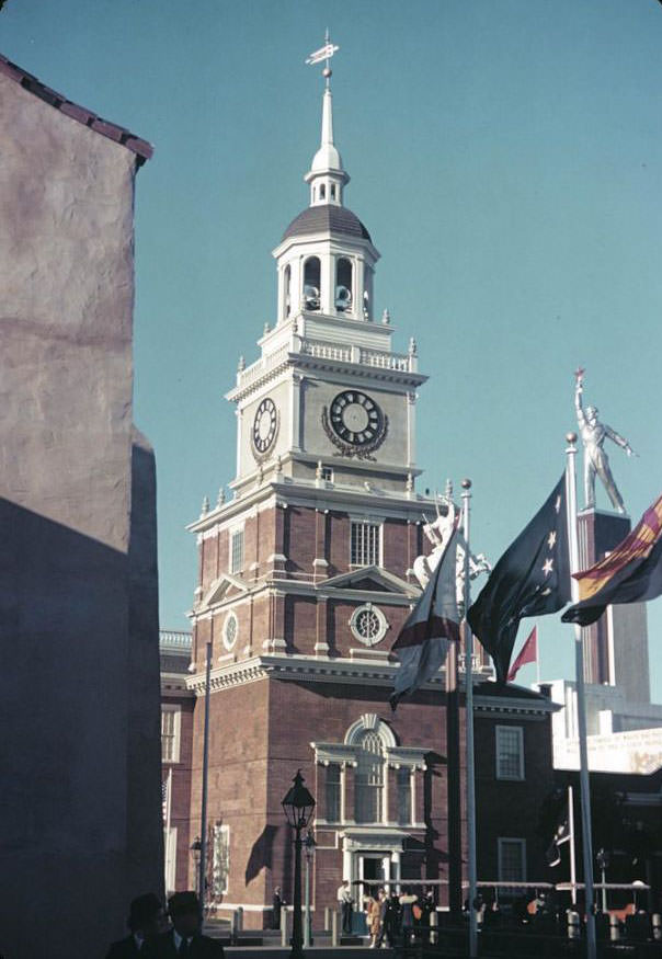 The Pennsylvania Building along the Court of States with tower of the USSR (Soviet) Pavilion, 1939 New York World's Fair.
