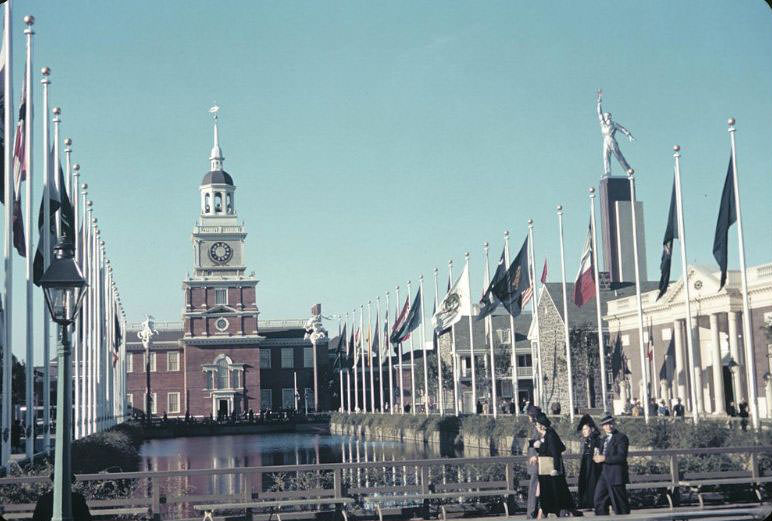 The Pennsylvania Building along the Court of States with tower of the USSR (Soviet) Pavilion, 1939 New York World's Fair.