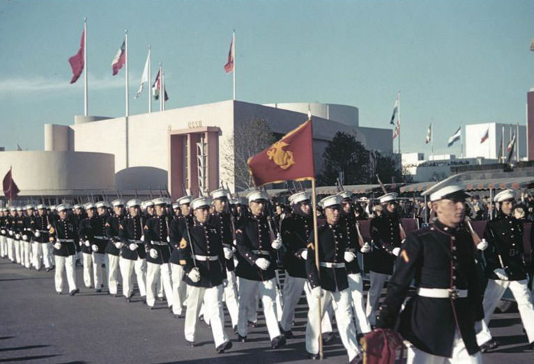 U.S. Marine Corps marching in front of the USSR (Soviet) Pavilion, 1939 New York World's Fair.
