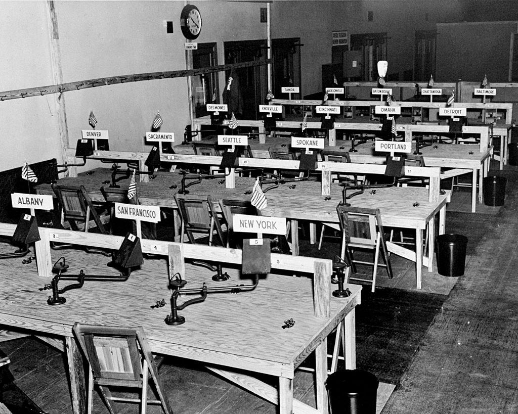 Telegraph stations for political writers at the Republican, 1940.
