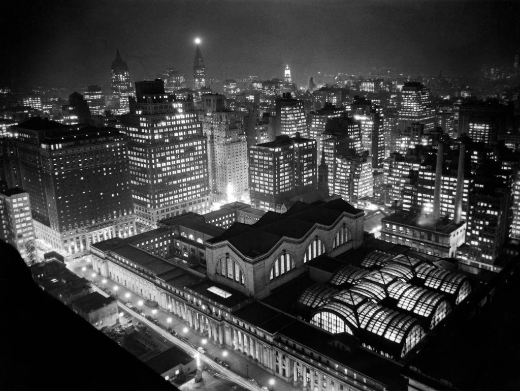 New York's famed Penn Station as seen from the roof of the Hotel New Yorker, 1940.