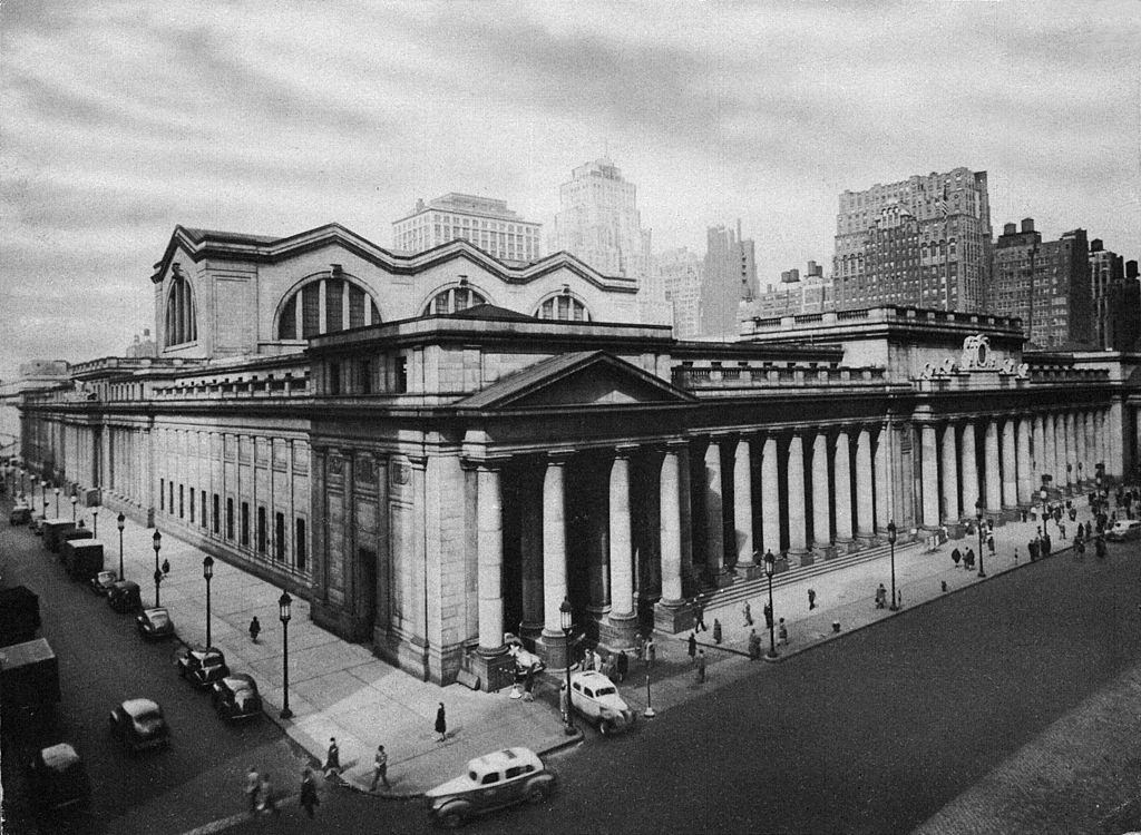 Pennsylvania Station in New York pictured from the corner of Seventh Avenue, 1940.
