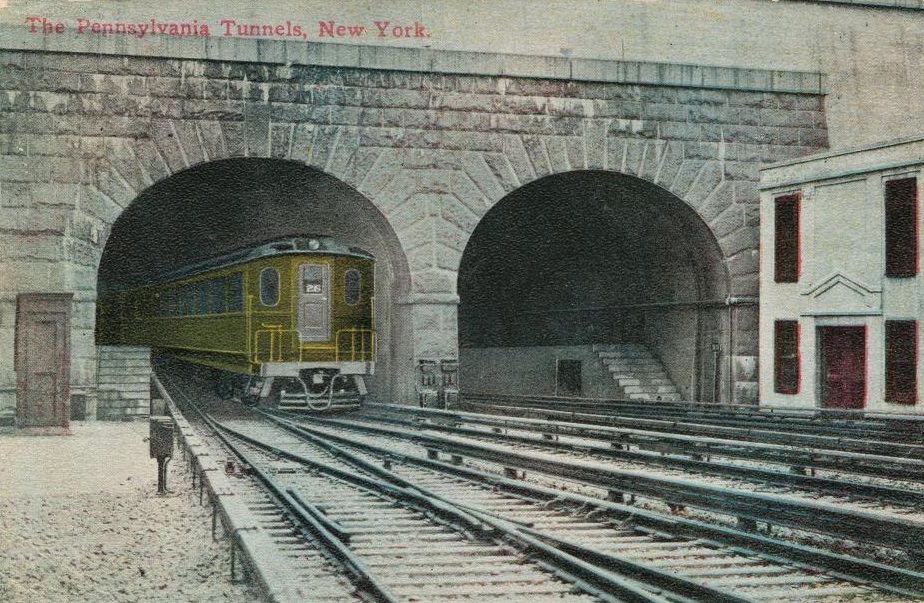 An electric engine exiting one of the tunnels at Pennsylvania Station, New York City, 1912.