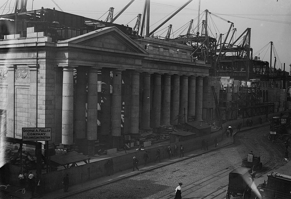 View of Pennsylvania Railroad Station as seen from Gimbals, 1912.