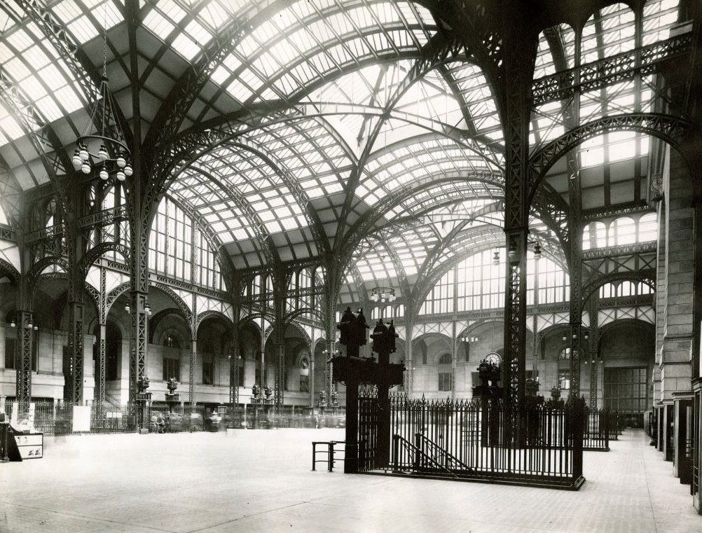 Interior view of the train concourse at Pennsylvania Station, 1910.