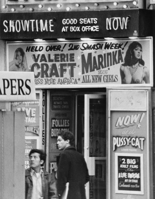 The Follies Burlesk advertising upcoming shows for Valerie Craft and Marinka at 46th Street and Broadway, 1978.