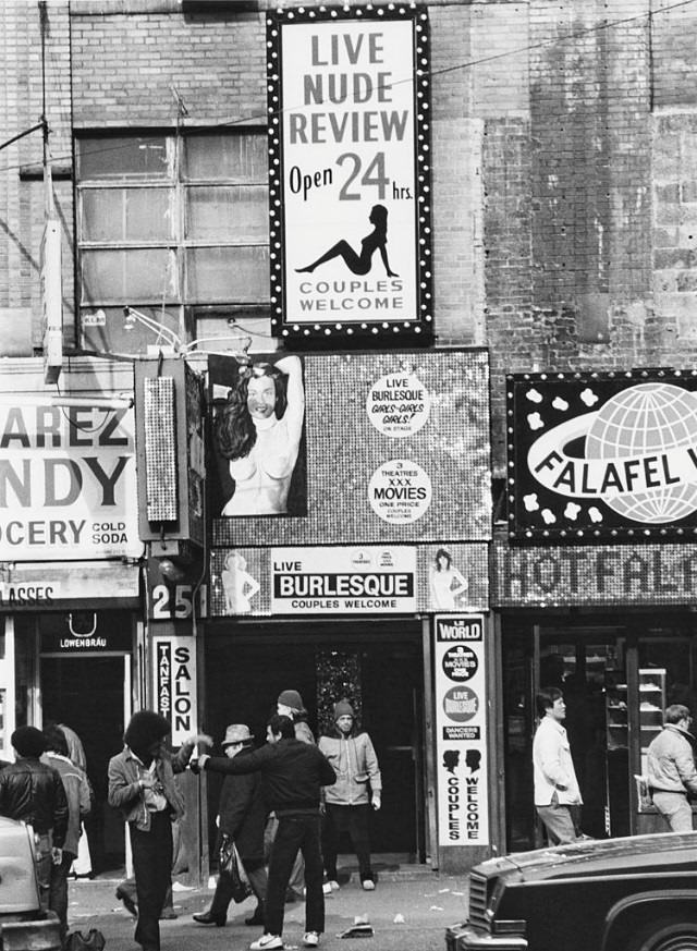 The entrance to the “Live Nude Review” on West 42nd Street, New York City, 1978.