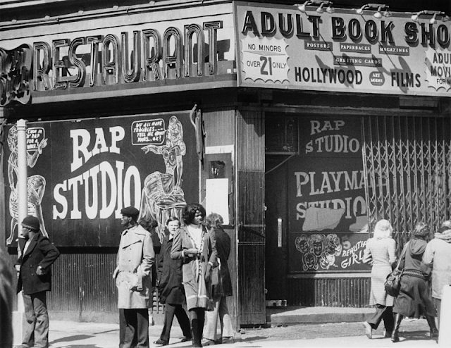 Exterior of the “Rap Studio,” a strip club and adult bookshop in New York City, 1978.