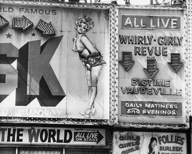 Neon signs for the “Whirly Girly Revue” and “Bigtime Vaudeville” at the Follies Burlesk, 46th Street and Broadway, 1978.