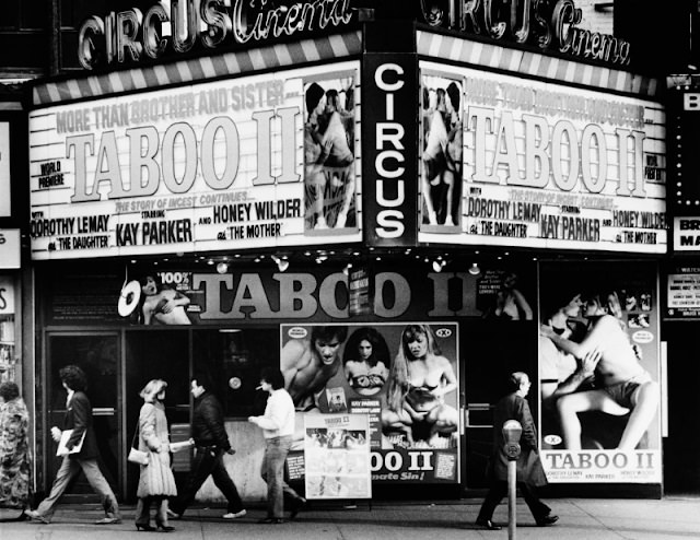 The Circus Cinema on 42nd Street features Taboo II, a pornographic film infamous for its incest theme, New York City, 1983.