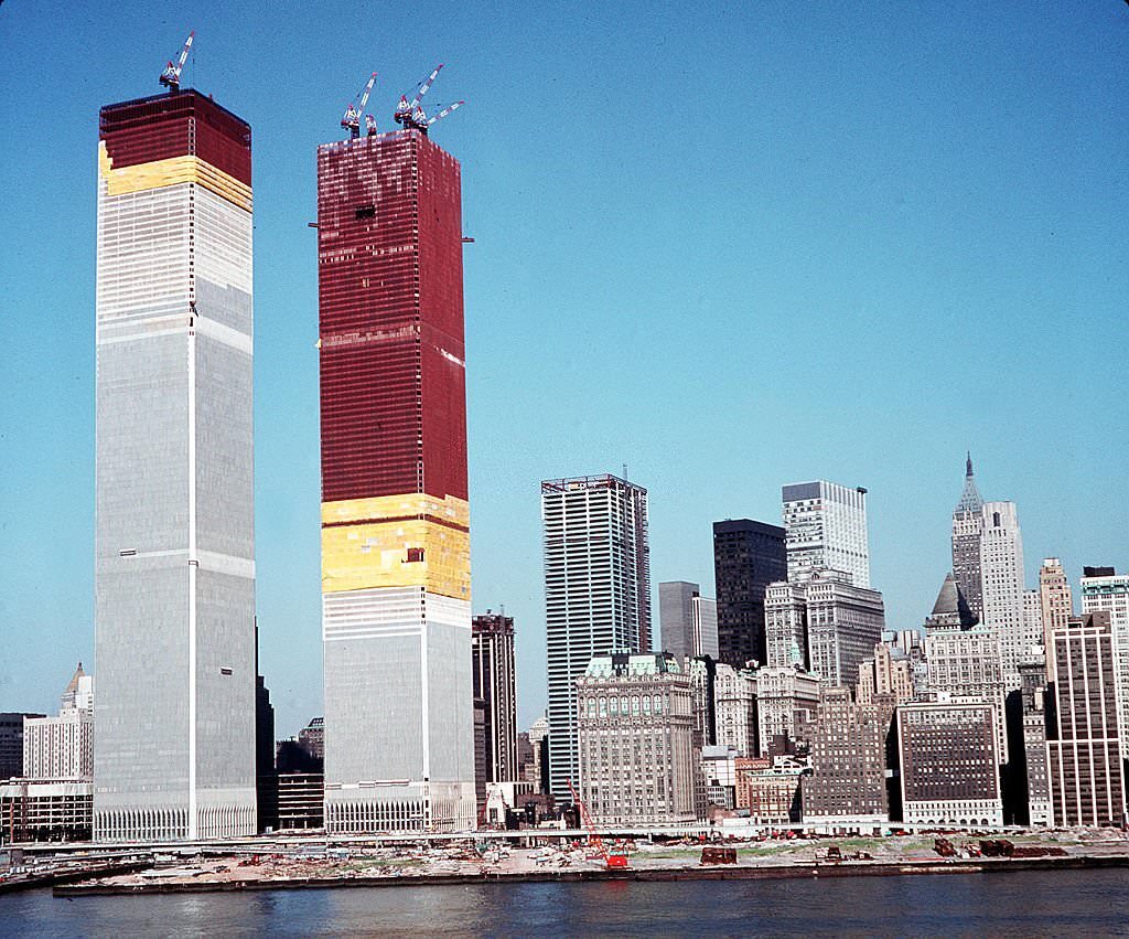 A view of the "Twin Towers" of the World Trade Center under construction, 1971.