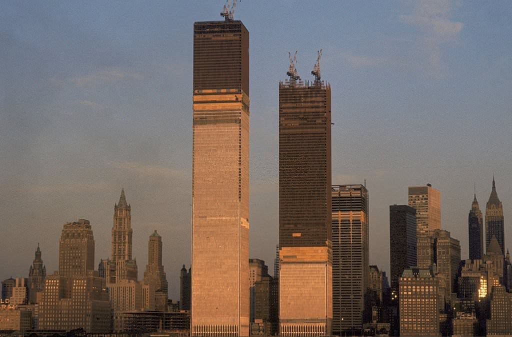 View of One World Trade Center and Two World Trade Center during construction, New York City, 1971.