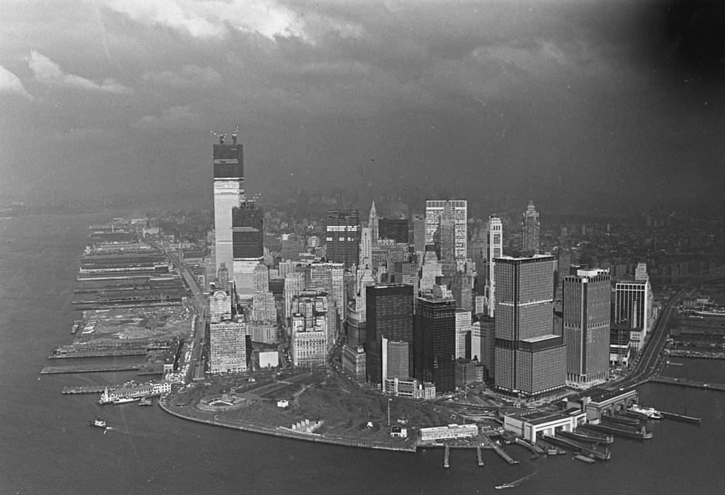 Storm clouds over the New York skyline, where the World Trade Center is under construction, 1971.