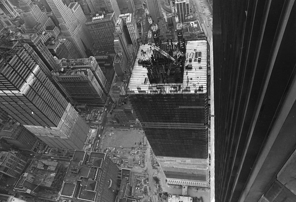 A rooftop view of the World Trade Center in New York, under construction.