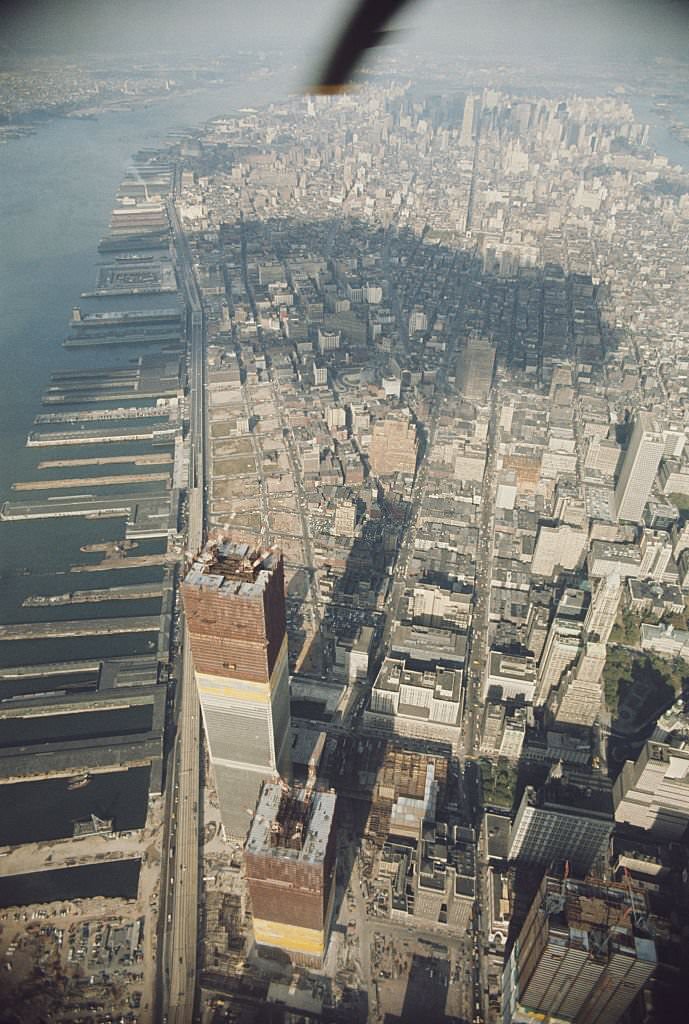 Aerial view of the twin towers of the World Trade Center under construction in Lower Manhattan, New York City, 1970.