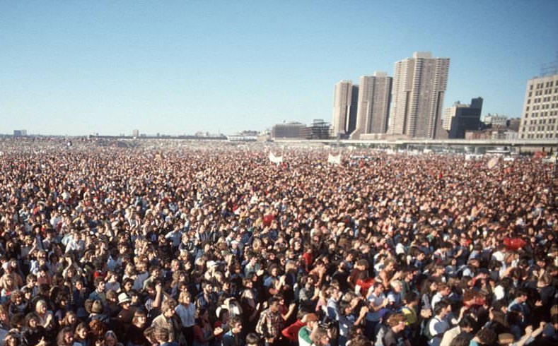 Anti-Nuke Rally and Concert at Battery Park City opposite the World Trade Center twin towers, 1979.