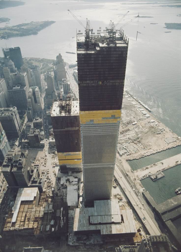 The twin towers of the World Trade Center under construction in Lower Manhattan, New York City, 1970.