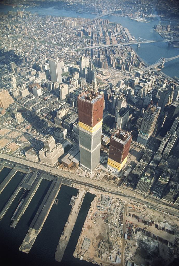 Airview of one of the towers of the World Trade Center under construction.