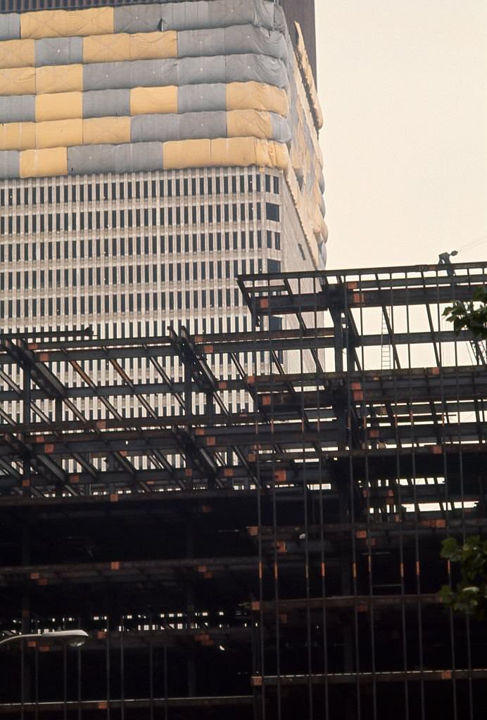 The under-construction north and south towers of the World Trade Center in downtown Manhattan, 1970.