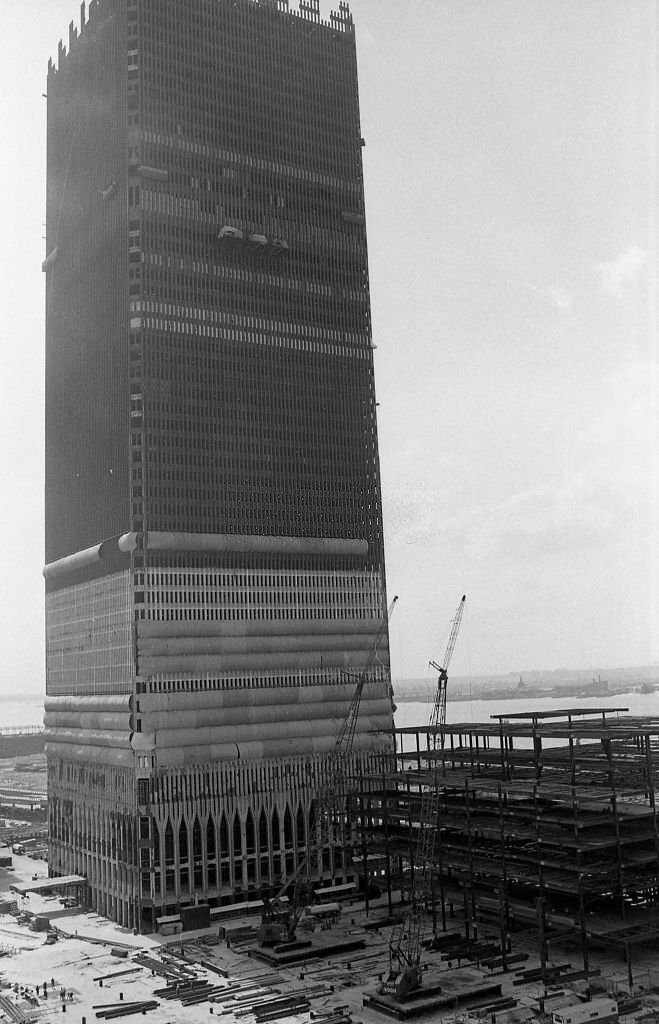 Construction of Tower One (North Tower) of the World Trade Center is underway.